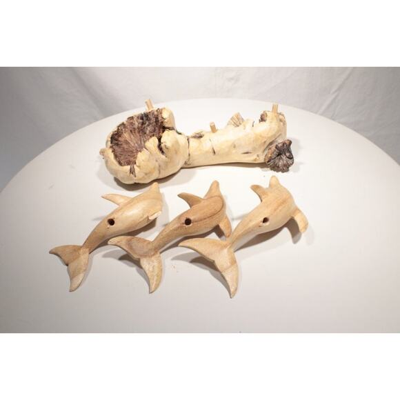 Hand Carved Dolphins Figures on Driftwood Art Beach Coastal Cabin Decor - Picture 10 of 12